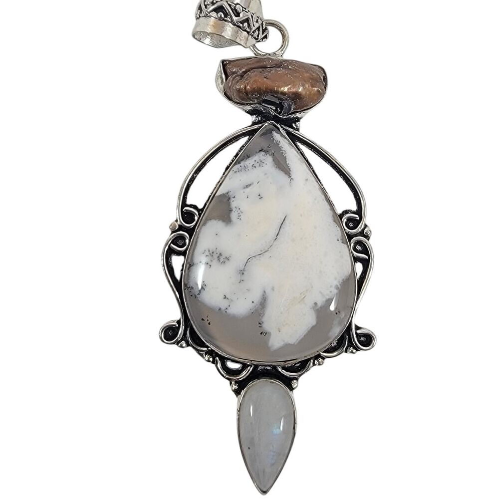 Handmade Silver Pendant with Dendritic Opal, Moonstone & Freshwater Pearl
